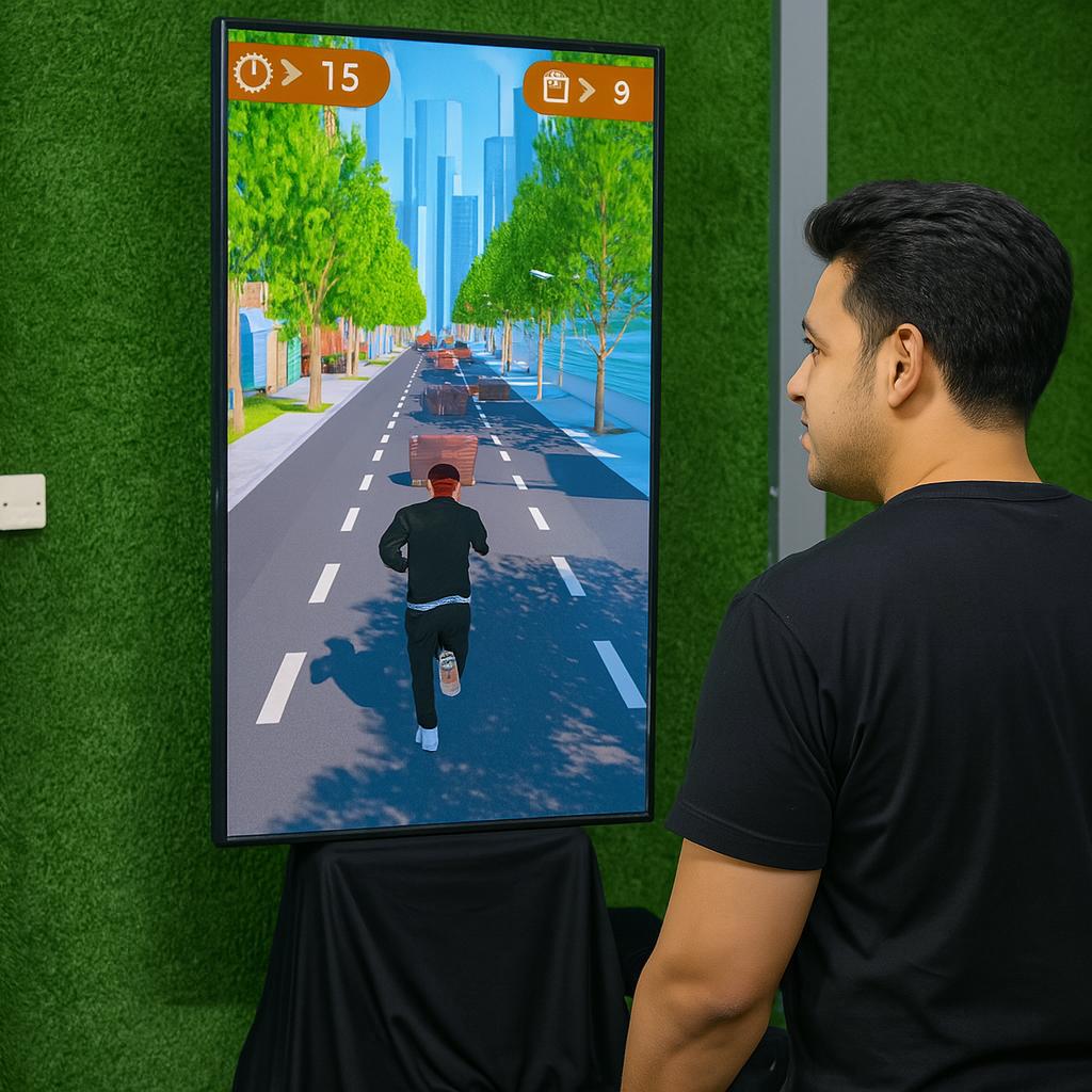 Player enjoying a motion runner game in Dubai, using full-body movement to jump and dodge obstacles. Interactive game rental